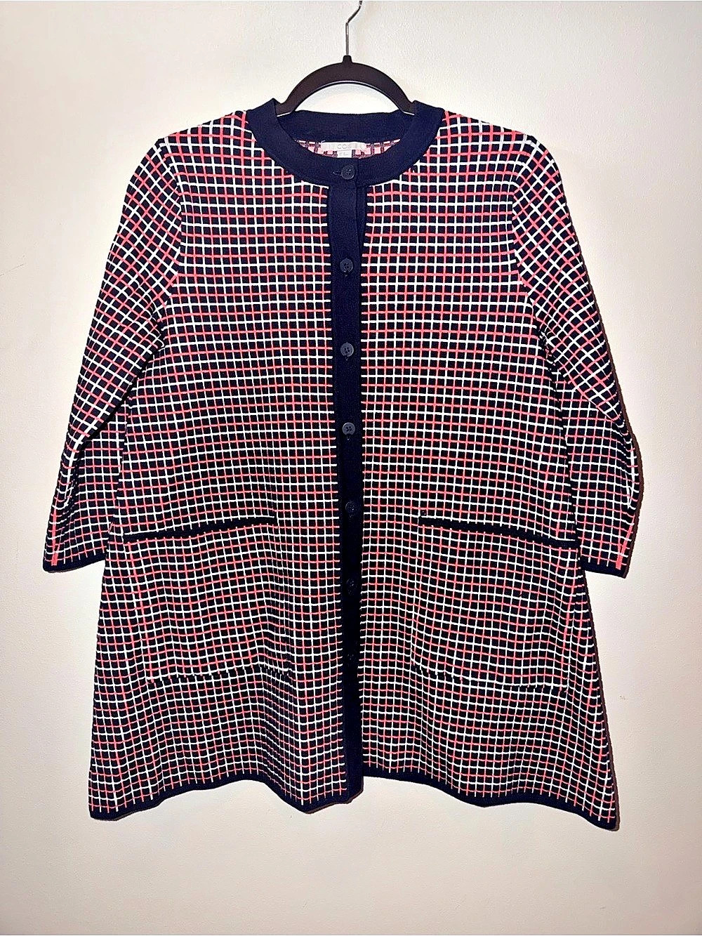 COS Longline A-Shape Cardigan Sweater Jacket Check Grid Plaid size small